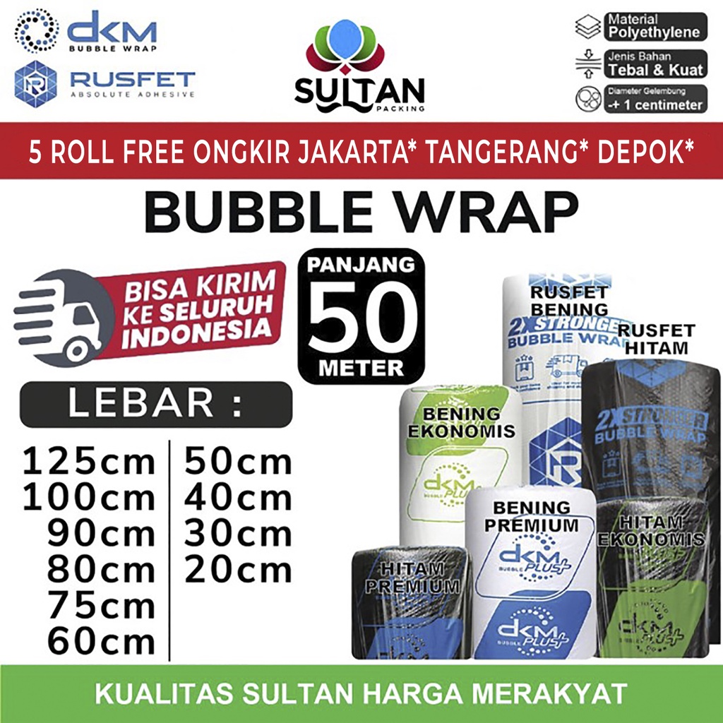 

Plastik Bubble Wrap DKM+ RUSFET 50M TEBAL Bubblewrap Packing ROLL