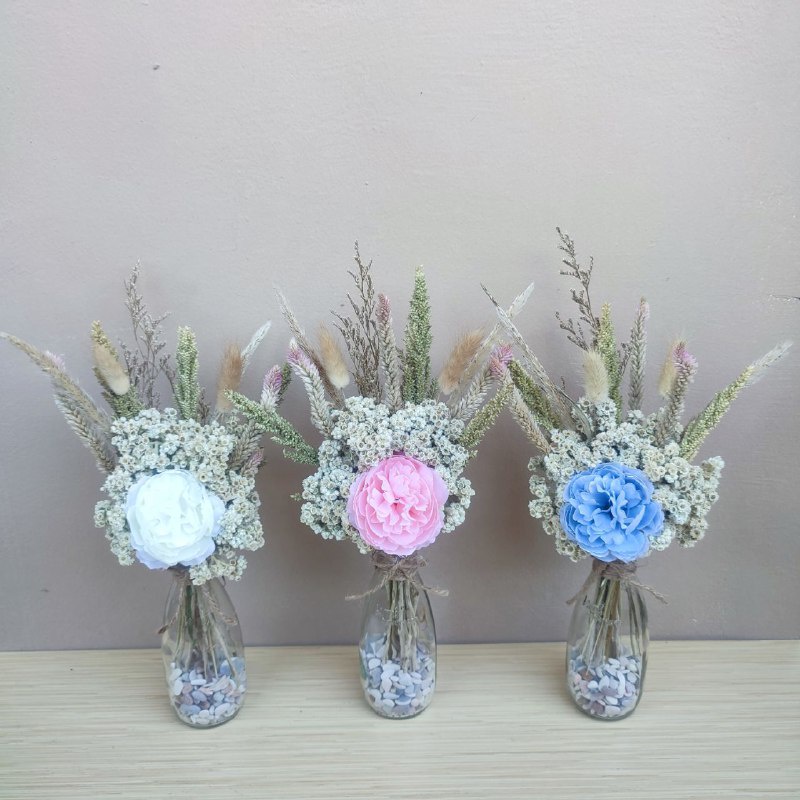 Selyn set | satu set vas dan bunga | vas kaca | vas kayu | vas bunga | vas rotan | bunga edelweis