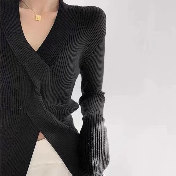 【Elegant】Casual Shirt Long Sleeve Knit V-Neck Atasan Wanita 7206