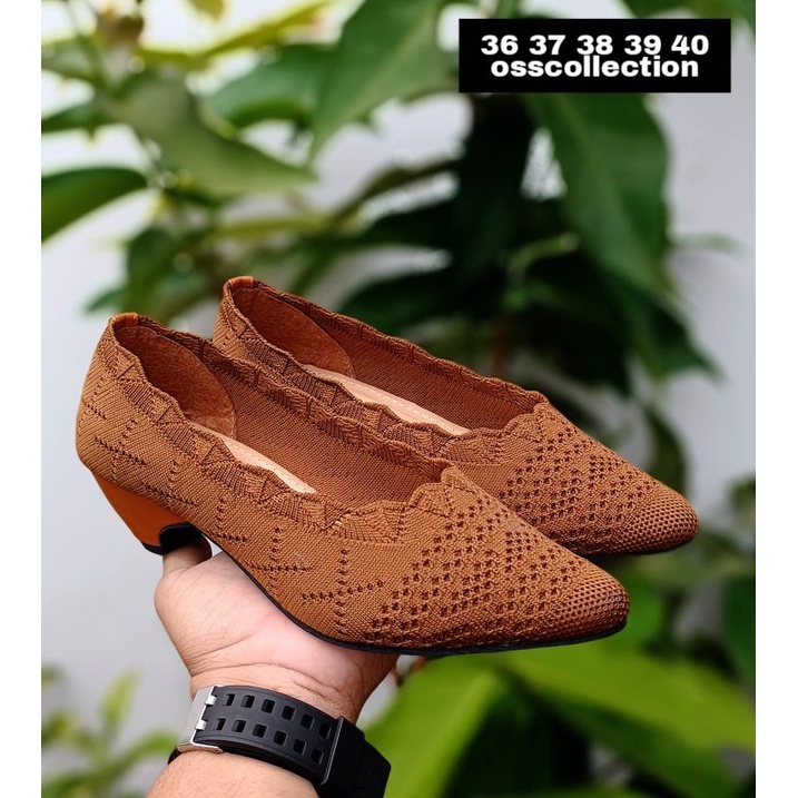 SEPATU FANTOFEL WANITA RAJUT HAK 4 CM SOL KARET EMPUK | SEPATU GURU KANTOR SEPATU FORMAL SEPATU JALAN