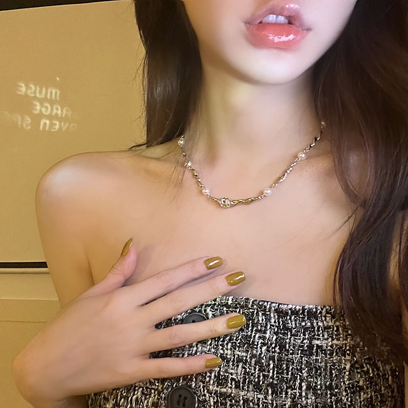 Suhao [Teh Persik] Murni Desire Spice Girl Mutiara Zirkon Klavikula Rantai Kalung Wanita High-End Cahaya Mewah Kalung Musim Panas