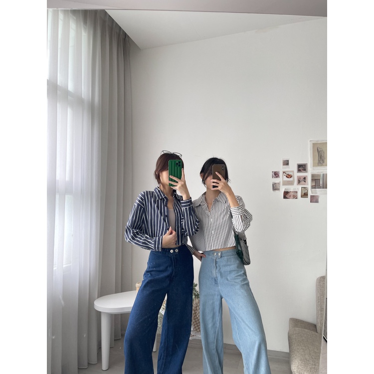 Kadaka T-0481 Crop Kemeja Wanita Stripes Tangan Panjang