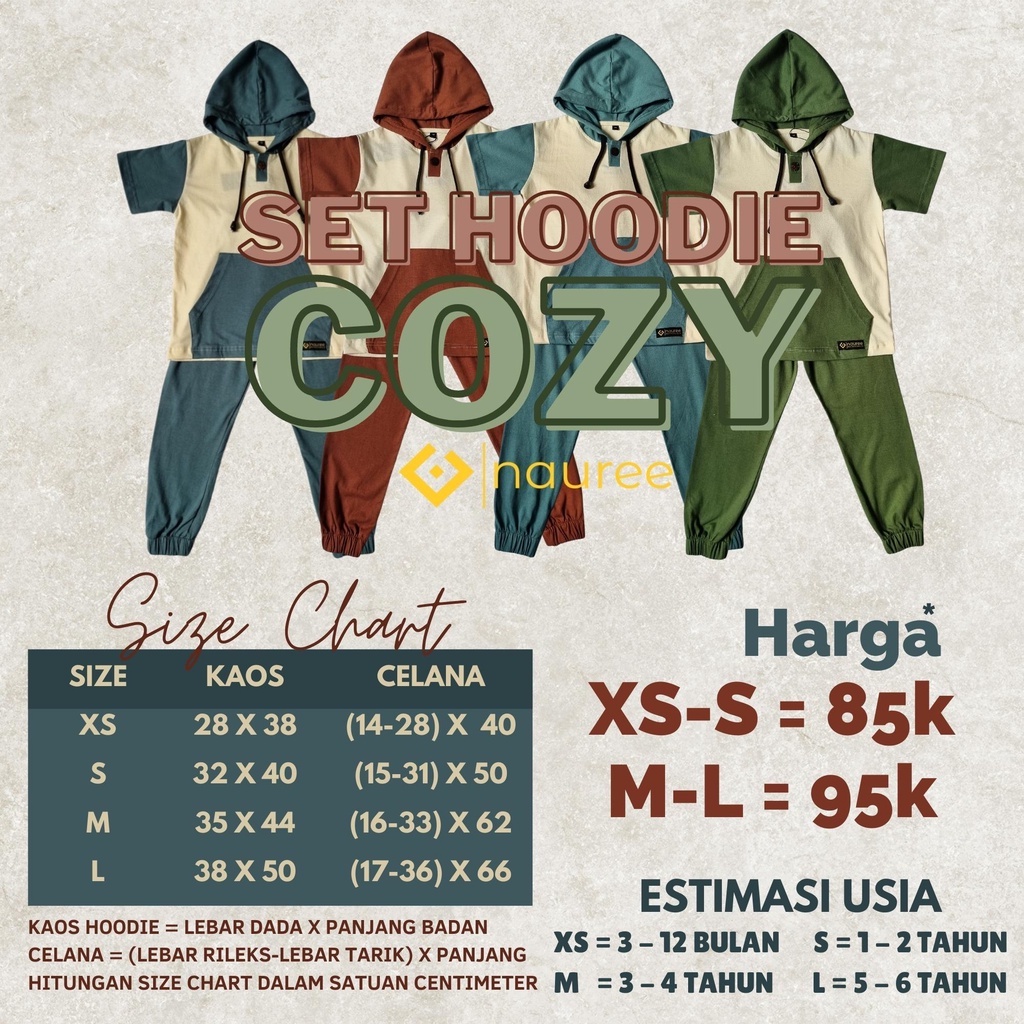 Nauree - Setelan Hoodie Cozy Baju Anak Laki Laki Unisex Cowok Cewek Umur 1 2 3 4 5 6 Tahun Bahan Import Korea Kaos Pendek Celana Panjang 3in1 Sweater Jogget Set Style