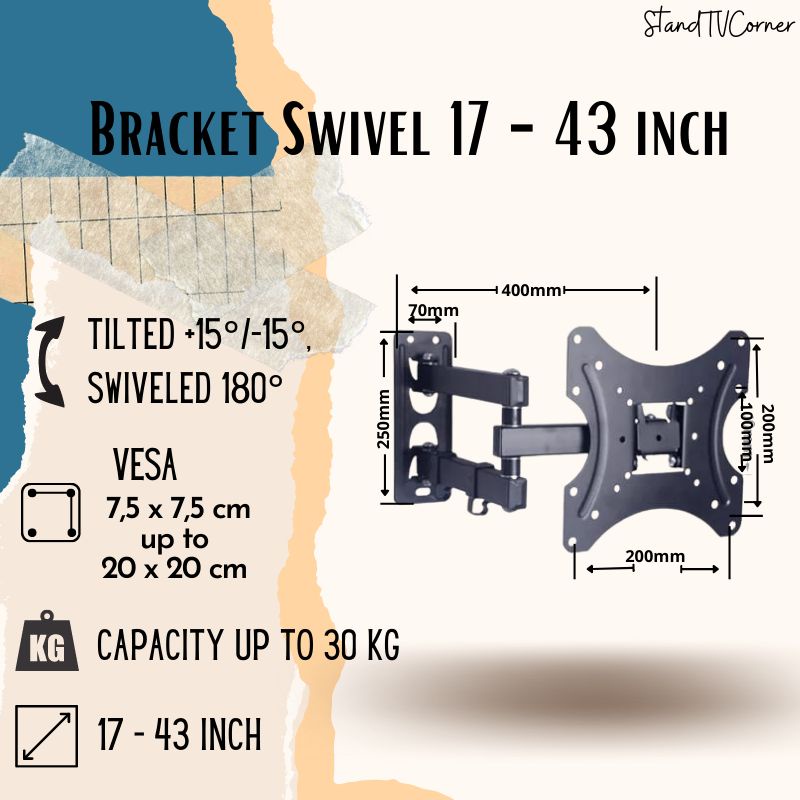 Bracket TV Lengan 43 40 32 24 21 14 10 inch Waterpass