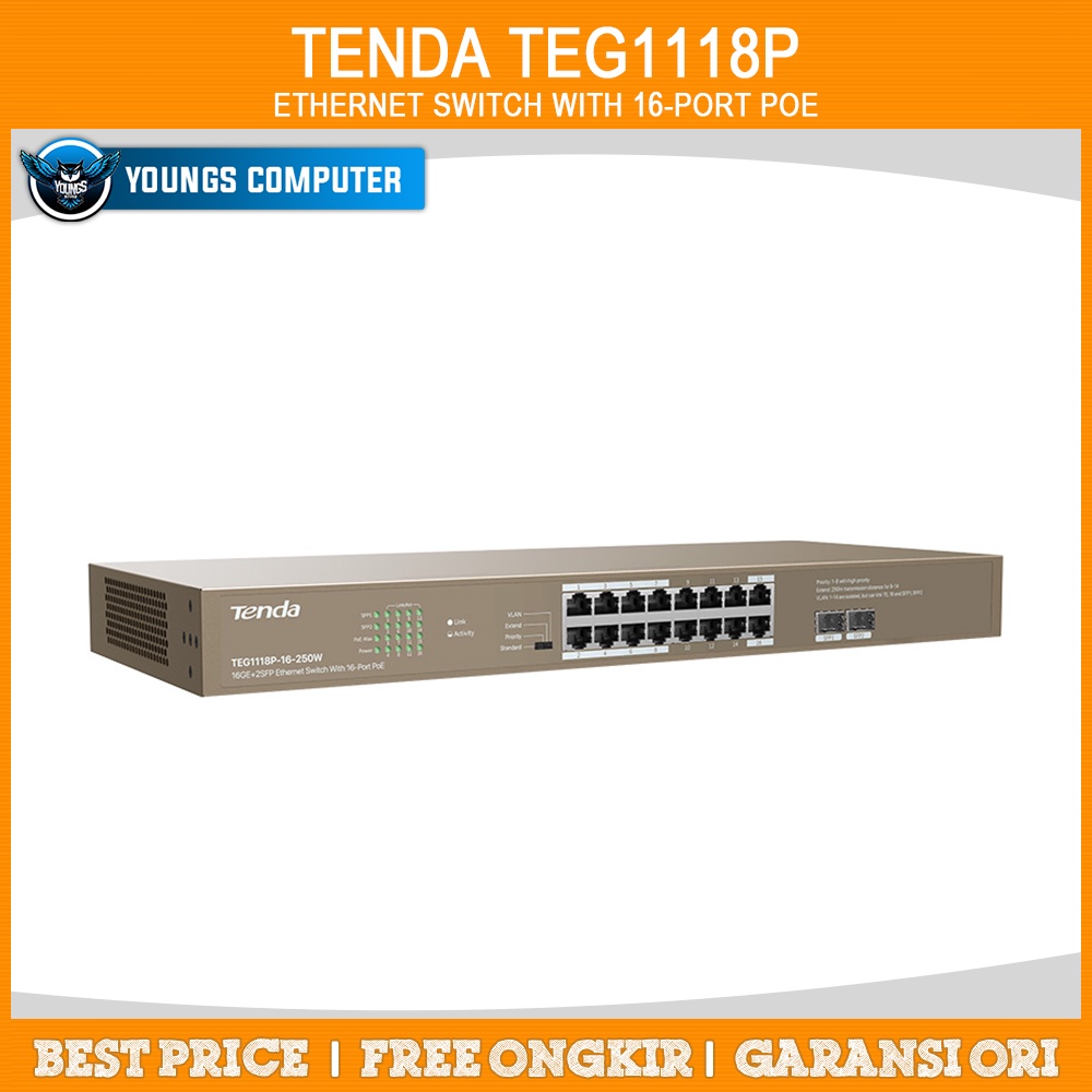 TENDA TEG1118P-16-250W 16GE+2SFP Ethernet Switch With 16-Port PoE