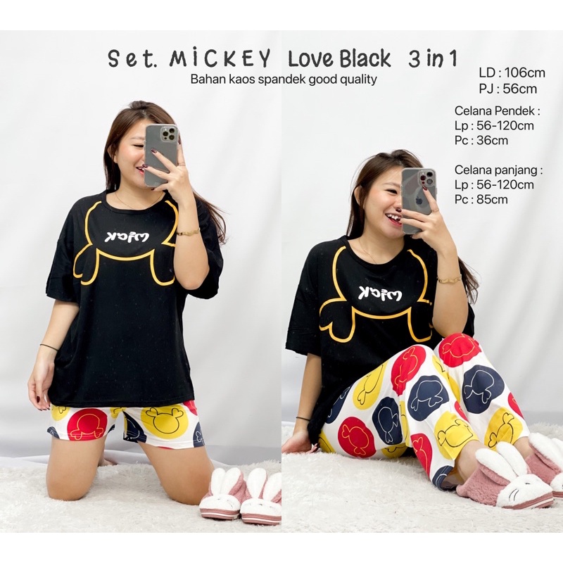 MDLV ~ BAJU TIDUR SET 3IN1 MIKI LOVE BLACK BAJU TIDUR IMPORT CEWEK BEST SELLER PIYAMA DEWASA IMPORT