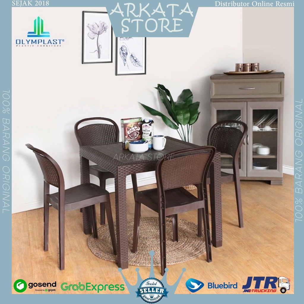 1 Set meja Makan Plastik ODT-R 80 + 4 Kursi Plastik Olymplast OL 209 / Kursi OFC / Kursi Makan Set P