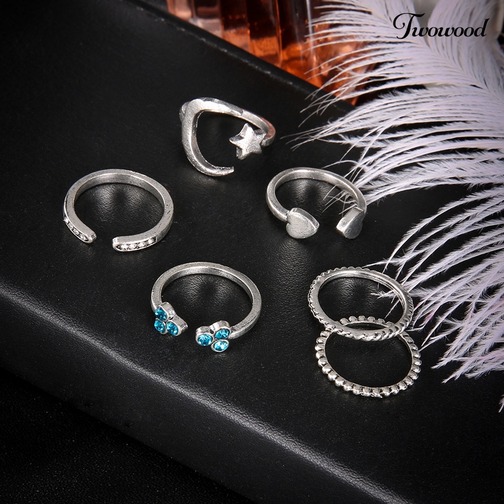 6pcs / Set Cincin Buku Jari Model Terbuka Desain Bulan Bintang Hati Untuk Wanita