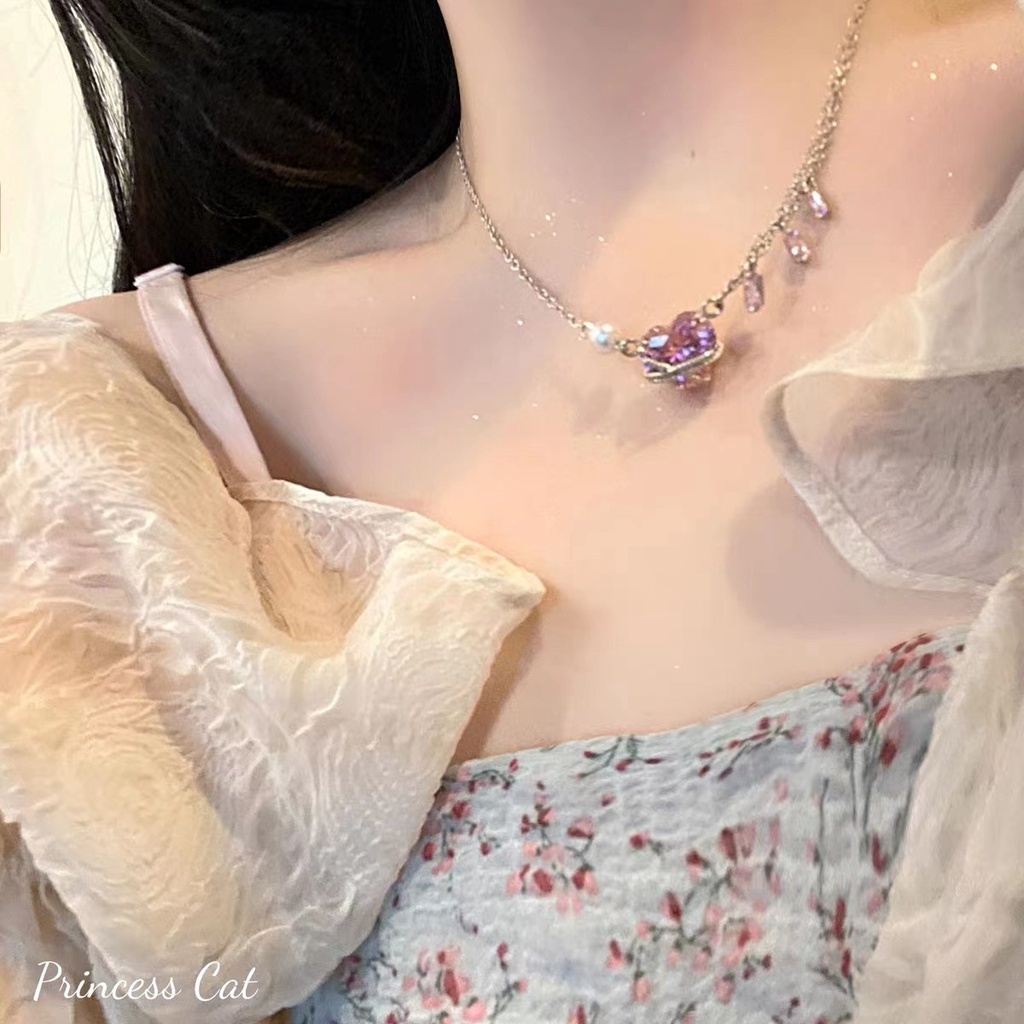 Kalung Rantai Dengan Liontin Hati Pink Aksen Batu Zircon Untuk Wanita