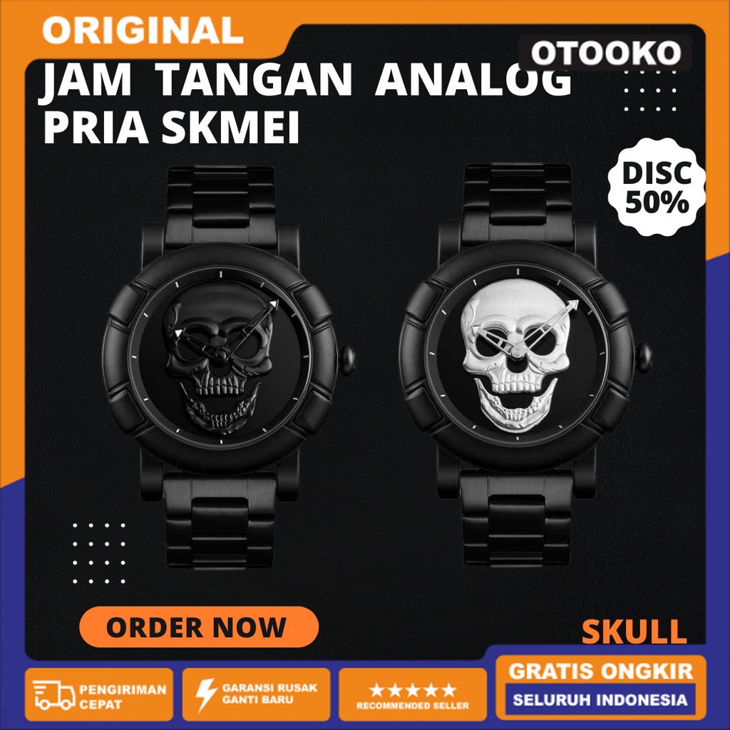 jam tangan analog pria wanita Jam Tangan Analog Pria SKMEI Motif Skull Tengkorak Stainless Steel WP