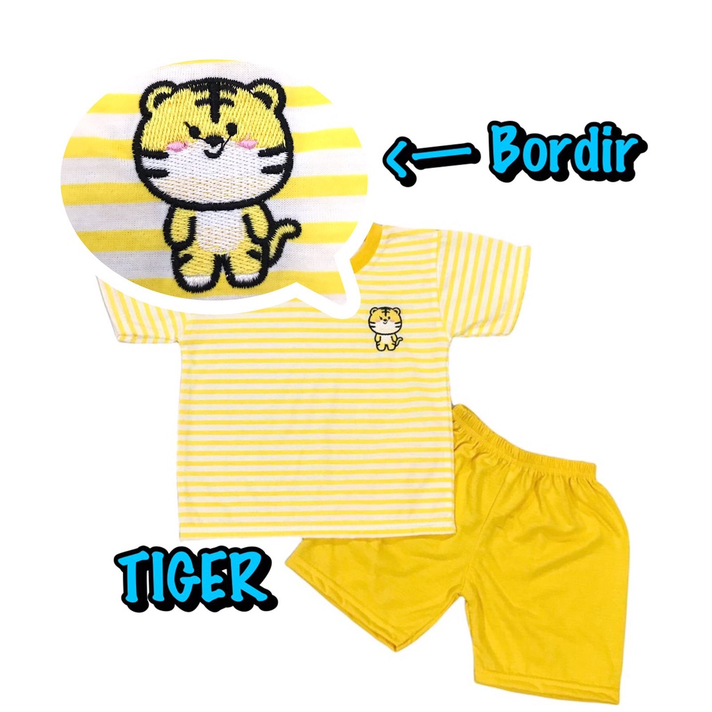 (1 KG MUAT 9 STEL) BAJU SETELAN ATASAN CELANA OBLONG ANAK LAKI-LAKI/COWOK BAHAN KAOS KATUN COMBED BORDIR PENDEK SALUR KUNING TIGER/HARIMAU
