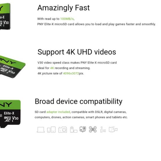 microSD 64GB XC U3 V30 PNY Elite-x 100Mb/s 100% Original