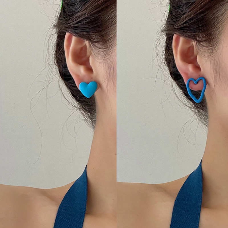 Anting Stud Bentuk Hati Asimetris Warna Biru Peach Gaya Korea Untuk Wanita