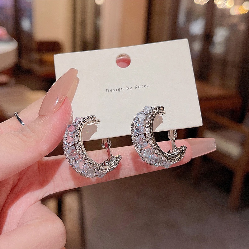 Anting Hoop Bentuk C Bahan 925 Silver Needle Aksen Zirkon