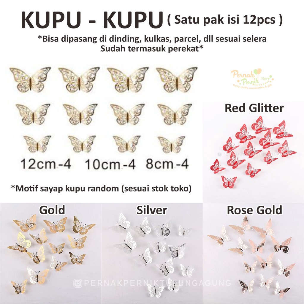 Hiasan Kupu Gold Emas - Dekorasi Sticker Hiasan Dinding, Kulkas - Gold Butterfly - Silver, Rose Gold