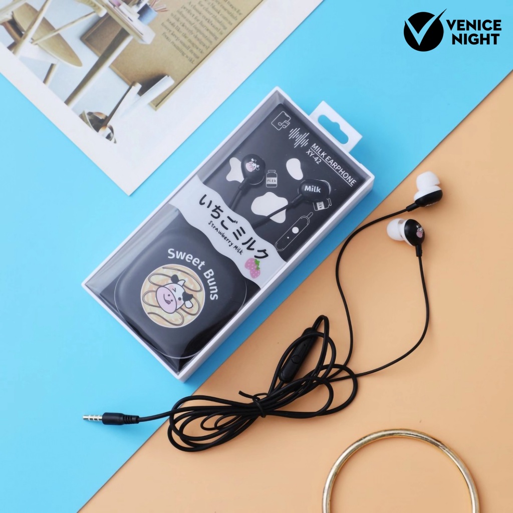 (VNEP) (Berkabel) Earphone Pengurang Kebisingan Universal Lucu 3.5mm Pola Kartun Sapi In-ear Earphone dengan Kotak Penyimpanan untuk Gadis