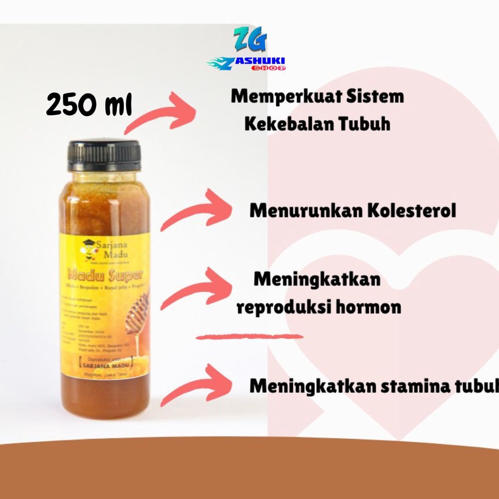 

(ZG-SM34) Madu Super 250 ml (Madu+Royal Jelly+Beepollen+Propolis), Madu Asli 100% - Sarjana Madu
