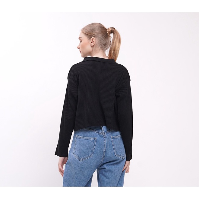 Polo Knit Crop Top Oversize Atasan Rajut Wanita Blouse Berkerah Bahan Lembut