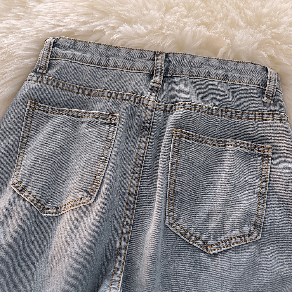 Kekinian Korean Fashion Highwaist Loose Straight Kulot Jeans Wanita(Good Luck )（Realpict）