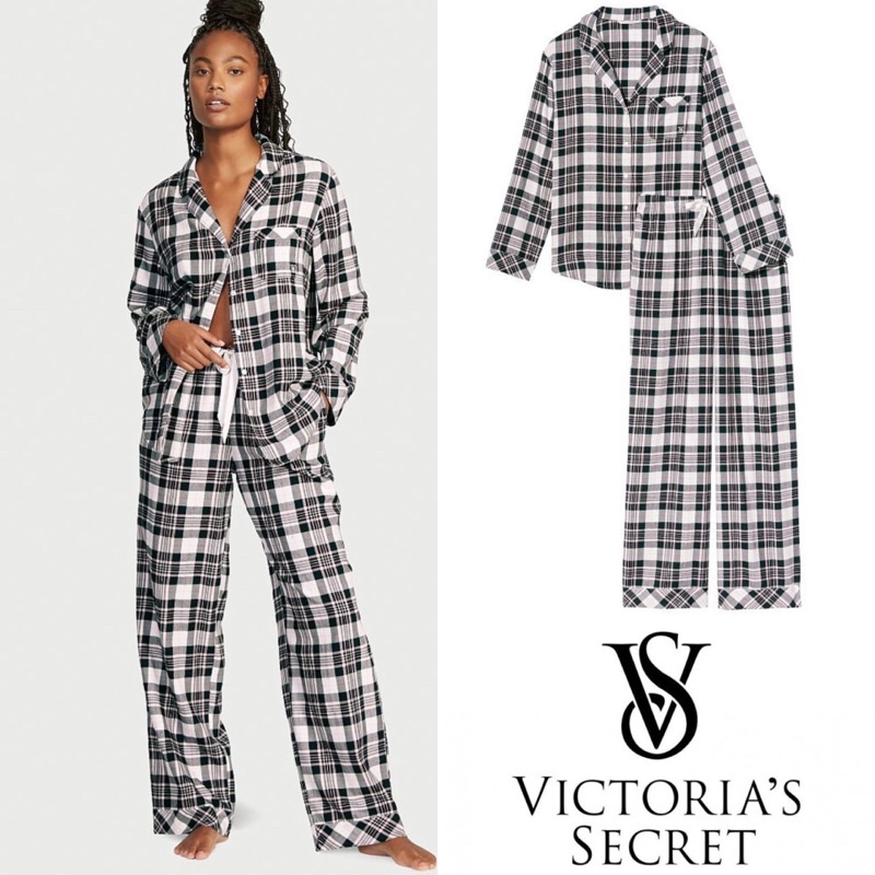 vs victoria secret black pink plaid pajamas piyama set ada label
