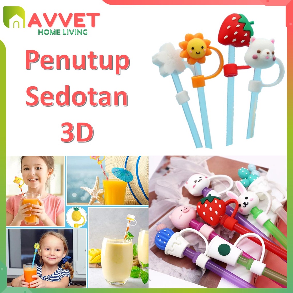 AVVET  Penutup Sedotan Karakter Lucu Bahan Silikon Tutup Sedotan Anti Debu Warna Warni Straw Cover Imut Melindungi dari Debu dan Droplets