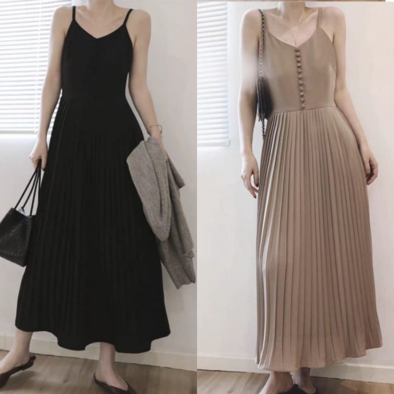 18121 Max dress CAMISOLE Maxi dress gaun panjang plisket tanpa lengan lekbong tali dres Korea Korean
