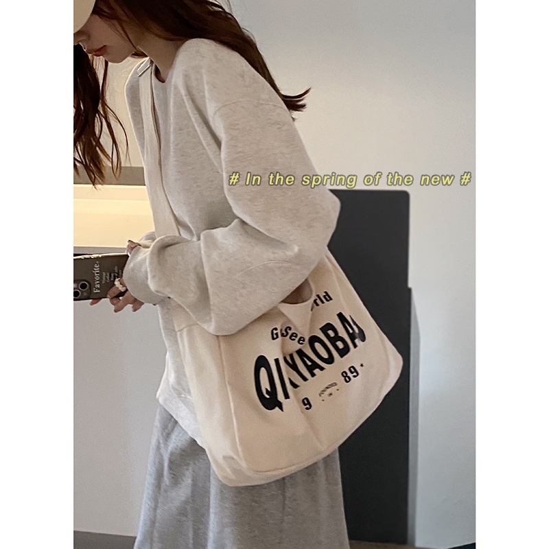 Suhao tas kanvas kasual wanita 2021 baru trendi fashion alfabet tote bag all-match tas messenger kapasitas besar