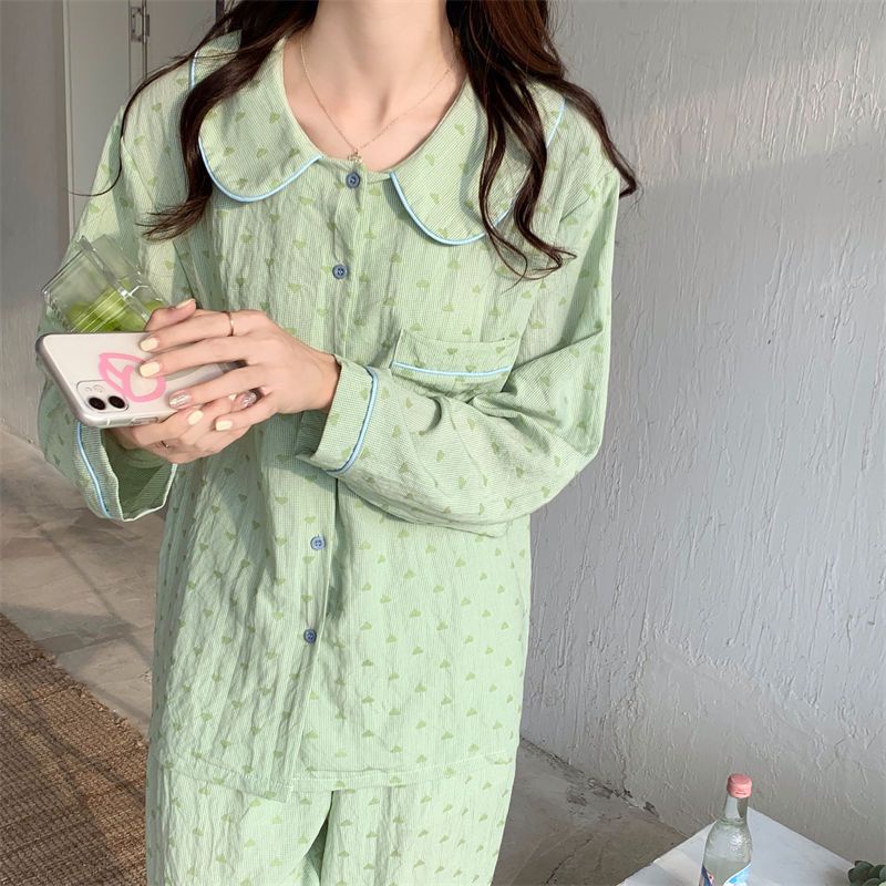 ins green love piyama wanita musim gugur dan musim dingin sweet doll collar striped plaid print stud