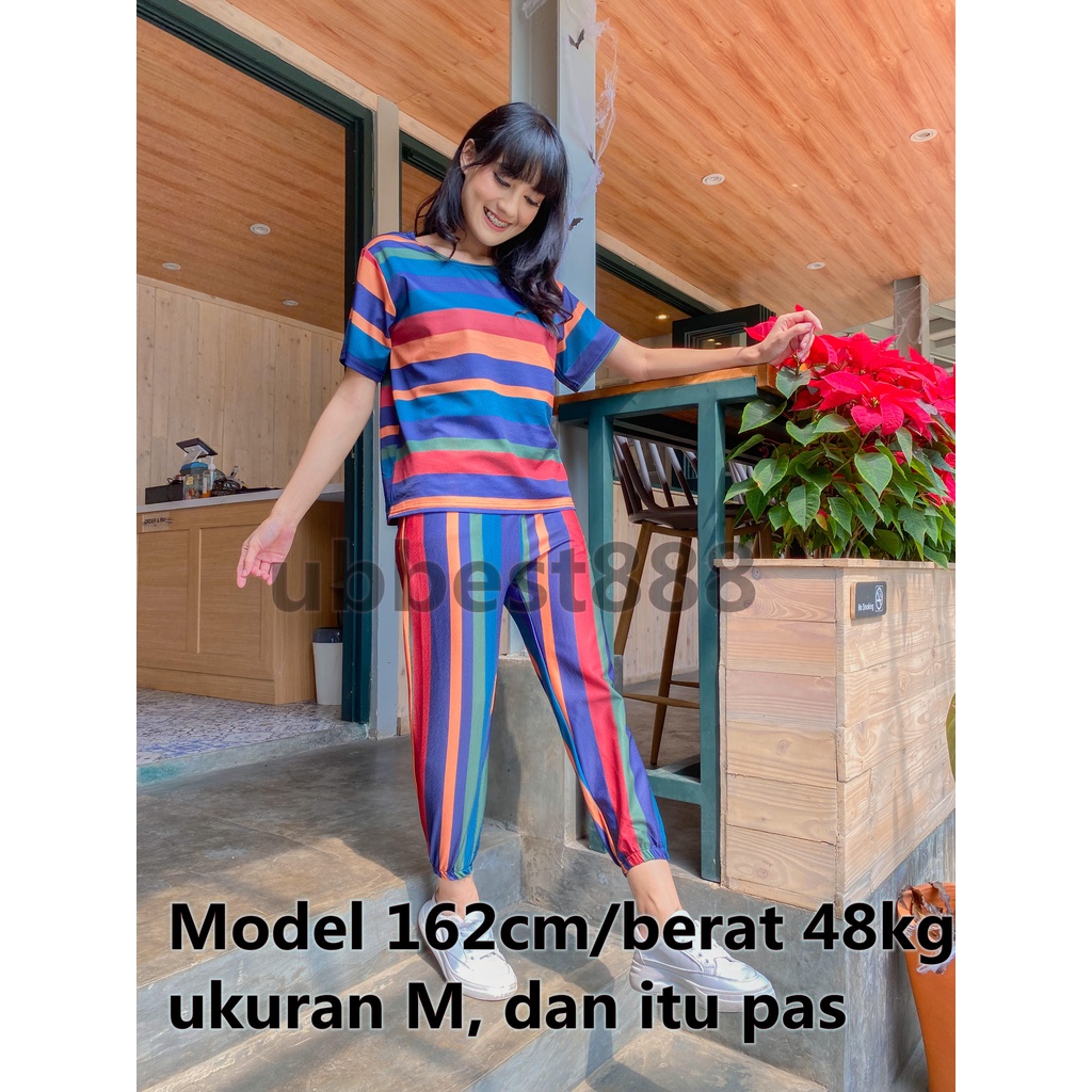 Stok bersih!L-5XL Setelan Wanita One Set Baju Kaos Dan Celana Longgar Bergaris Rainbow Blus Lengan Pendek + Celana Stelan Kasual