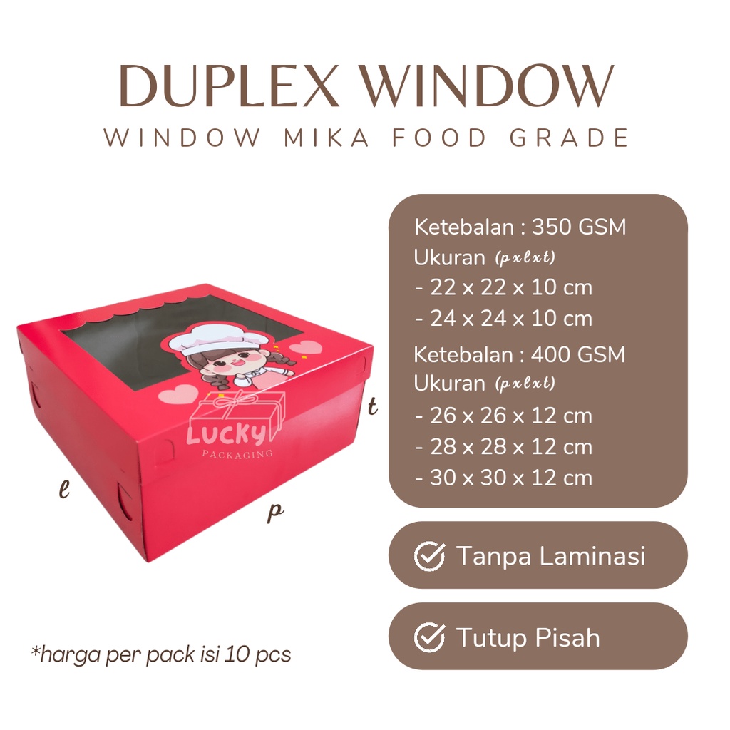 (10pcs) Duplex Window Mika Cetak Merah Box Dos Dus Kotak Kemasan Cake Kue Roti Puding Tart 26/28/30 