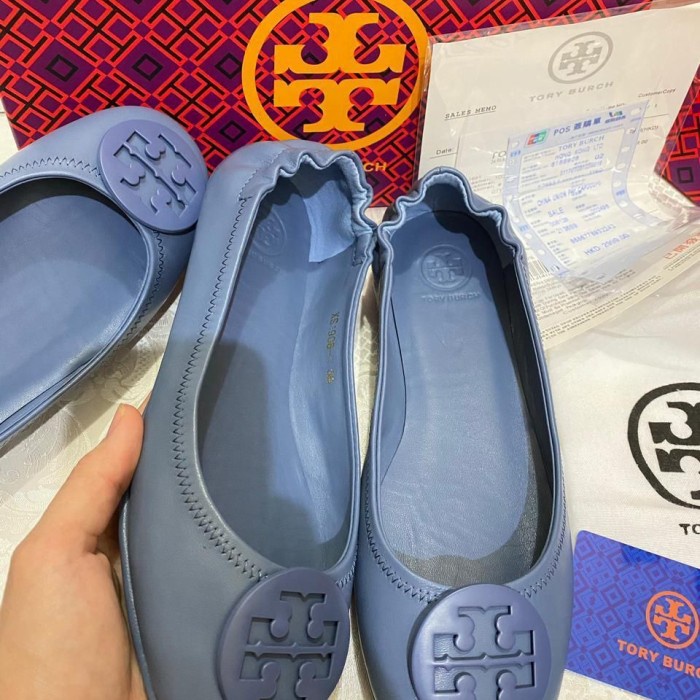 Ready stok sepatu flat shoes tory burch mirror kulit asli - Biru, 36