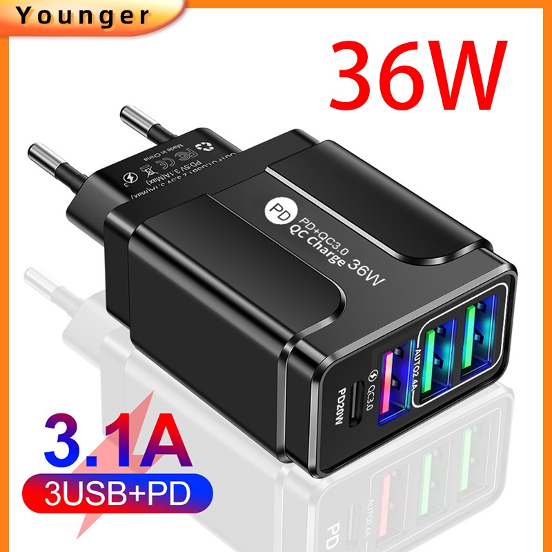 Adapter Charger 3 Port Usb QC3.0 + PD 4 Port 5V / 9V / 12V Portable Untuk Iphone Android