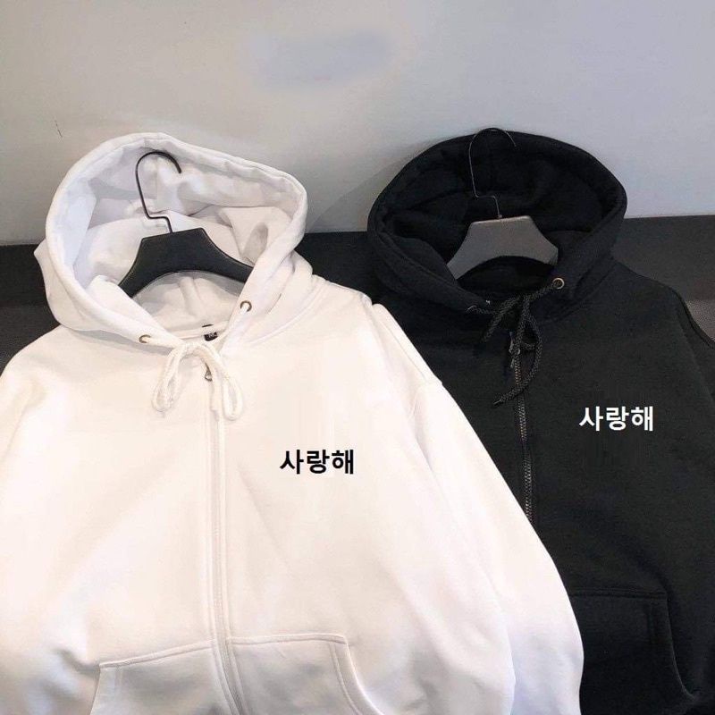 Jacket Zipper Hoodie Oversize Boy Girl (6XL 5XL 4XL 3XL 2XL XL L M S Cek Deskripsi) Sweater HANGEUL SARANGHAE Love Cinta Jumbo Jaket Resleting Bigsize Harajuku Urban Korean Style Blue Biru Putih