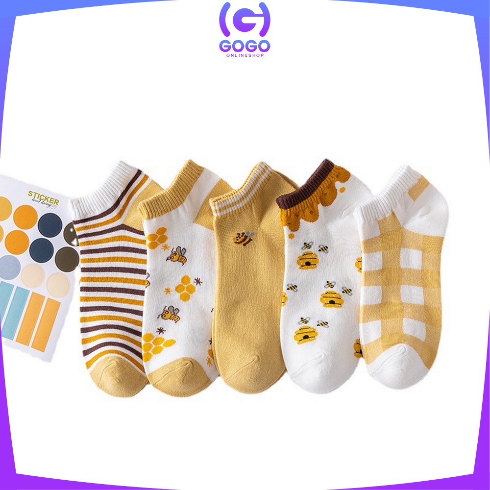 GOGO-P188 Kaos Kaki Pendek Wanita Motif Kuning Lebah Gaya Korea / Kaus Kaki Semata Kaki Wanita Dewasa / Bee Ankle Sock Fashion Korean Style