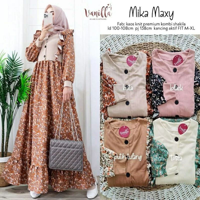 Mika Maxy, GAMIS WANITA MUSLIM CANTIK MODIS FIT XL LD 110-110 BAHAN KAOS KNIT IMPORT MIX SHAKILA PREMIUM OOTD