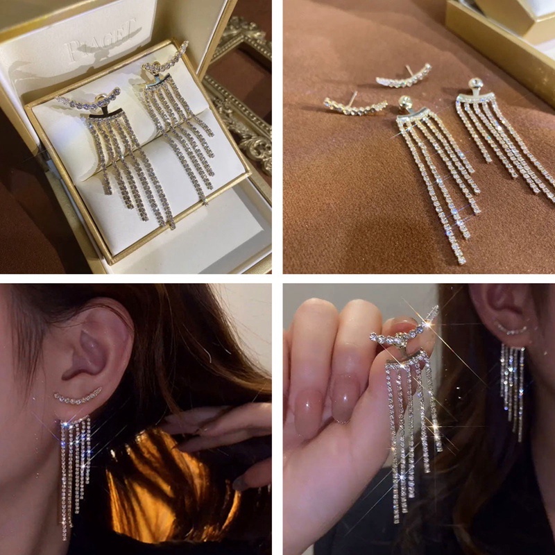 Fancyqube Sepasang Anting Juntai Kristal Rumbai Bahan 925 Silver Untuk Perhiasan Pernikahan Wanita