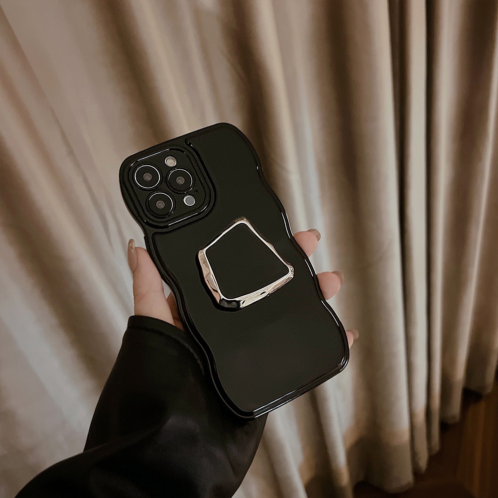 Ins Soft Case Silikon Warna Hitam Dengan Holder Angin Metalik Untuk Iphone 14 11 12 13 PRO MAX