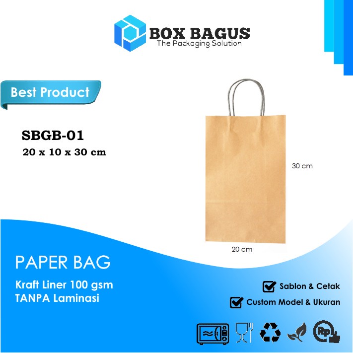 SHOPPING BAG 20x10x30 KRAFT 100 GSM - GOODIE GIFT PAPER KANTONG KERTAS TAS SOUVENIR BOX KUE