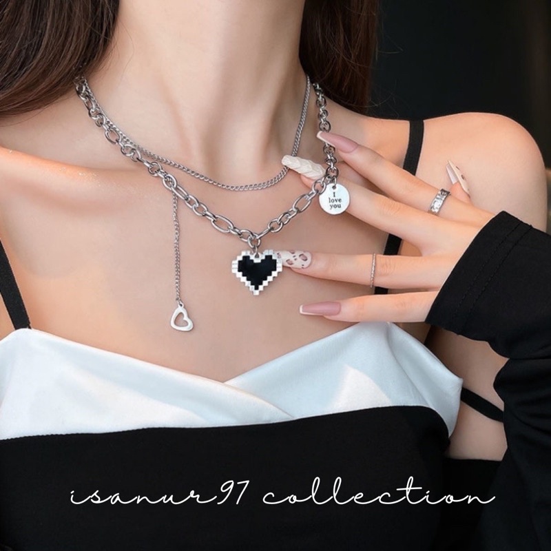 ISANUR97 | Kalung Titanium Love Mosaik Mozaik Kalung Rantai Wanita Pria Korea Liontin Hip Hop Anti Karat Dan Luntur Mewah Multi-layer Retro