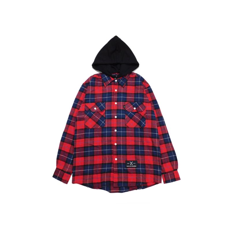 Rock In Celebes - Flannel Hoodie Shirt Navy Red Kemeja Lengan Panjang Pria Unisex