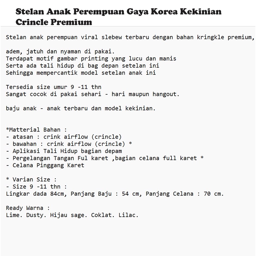 Stelan Anak perempuan Crincle Viral slebew terbaru dengan bahan kringkle premium Kiranna - JCCollections