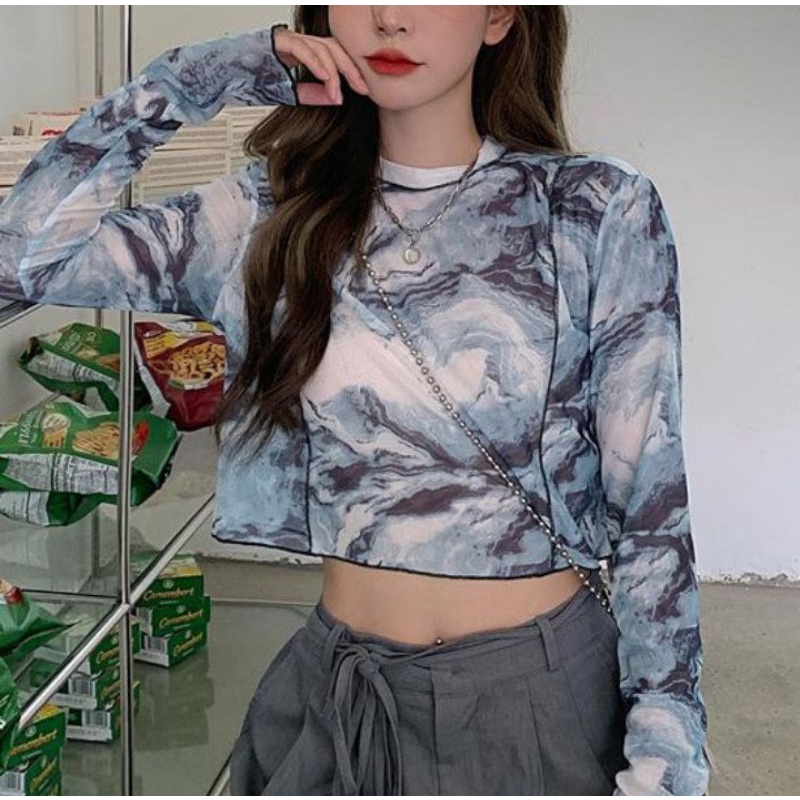 COD/READY Korean Sexy Transparent ANTI-UV Long Sleeve Tulle Blouse Atasan Lengan Panjang Transparan 2271