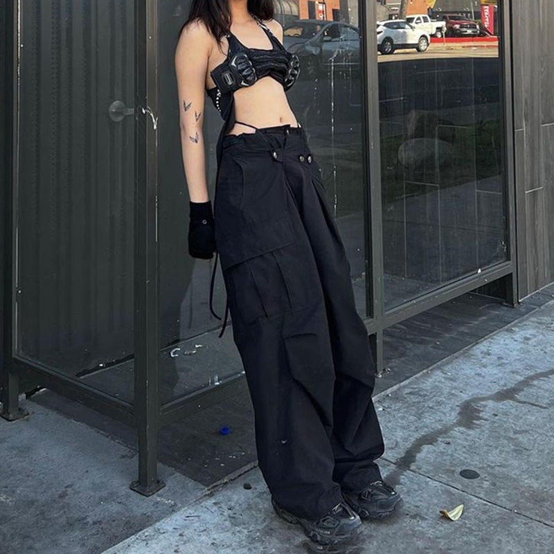 Red BIIKPIIK street style personality design sense loose black overalls women s summer all-match thin straight pants tide