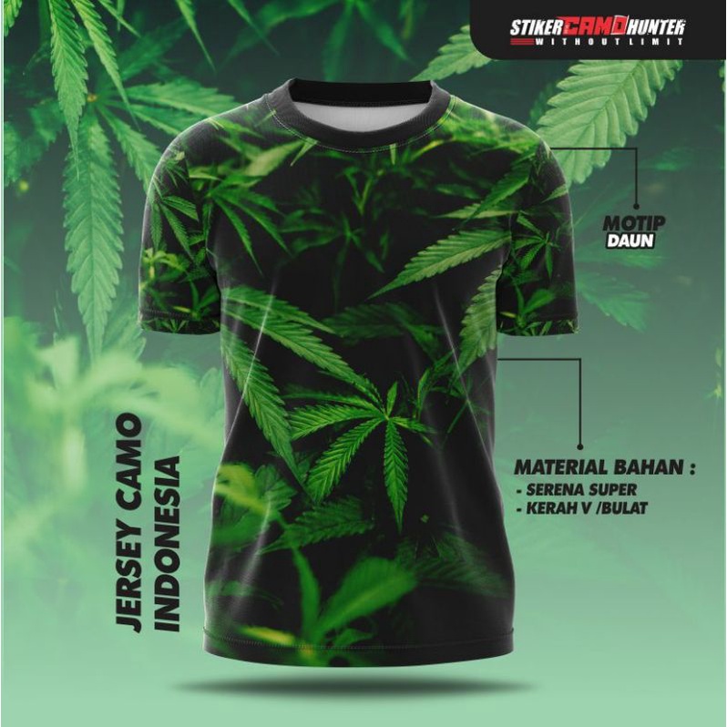 baju camo berburu santai lengan pendek motip daun