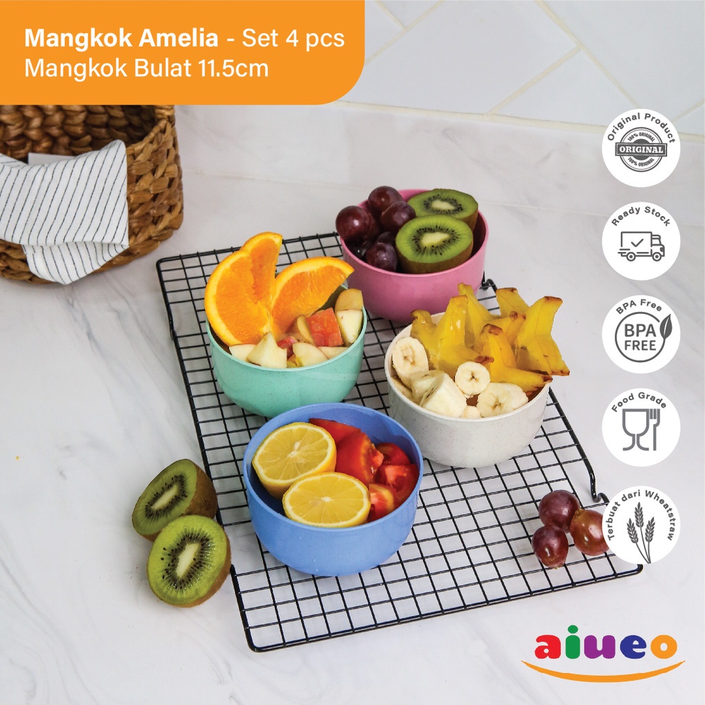 AIUEO Mangkok Bulat 11.5cm Wheat Straw / Mangkuk Makan Bowl Warna Warni Aesthetic Estetik Plastik