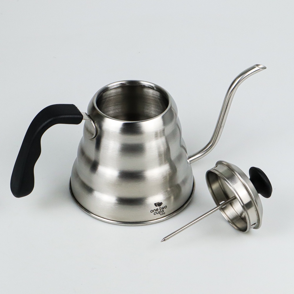 One Two Cups Coffee Maker Pot V60 Drip Kettle Teko Barista 1155ml with Thermometer - Silver