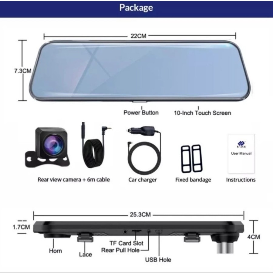 Dashcam Mirror Touch Screen Night Vison Kamera Mobil Spion V10