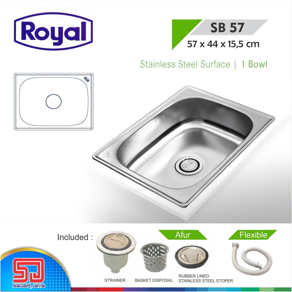 Royal Kitchen Sink SB 57 Wastafel Dapur Bak Cuci Piring 1 Bowl Tanpa Sayap Pengering Stainless Steel SB57