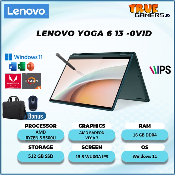 LENOVO YOGA 6 13 2IN1 TOUCH RYZEN 5 5500 16GB 512SSD VEGA7 W11+OHS 13.3FHD IPS FREE PEN GARANSI 2YR