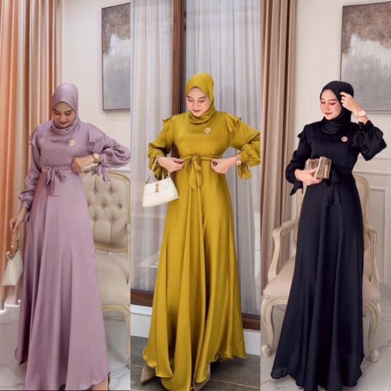 Quenna Dress satin / Dress kondangan / Dress lengan balon / Dress satin / Gamis lengan balon / Dress